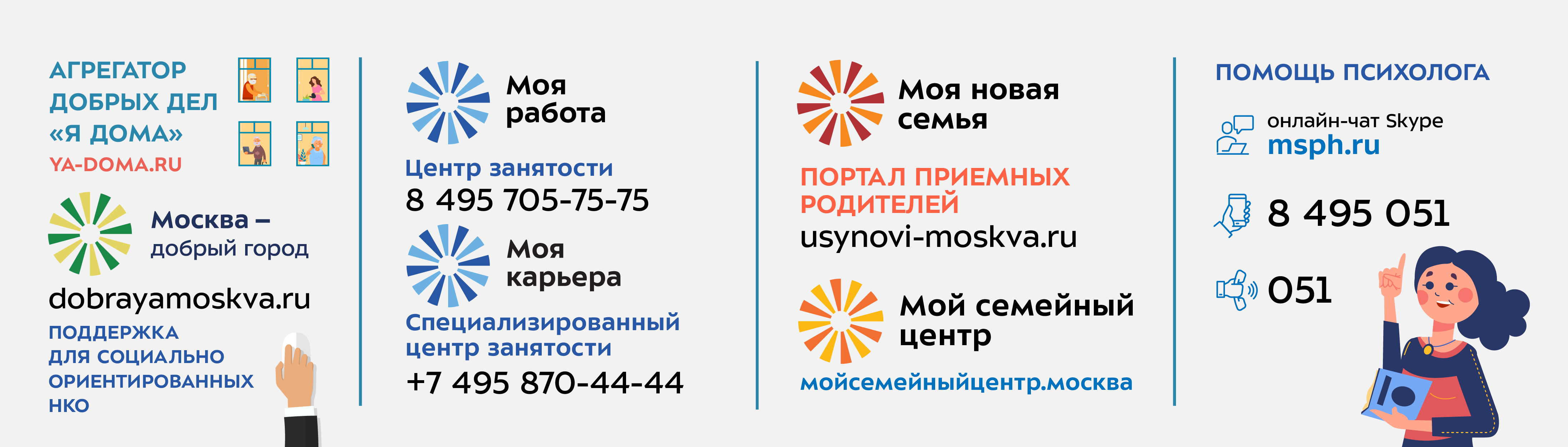 Баннер с контактной информацией о социальной поддержке москвичей